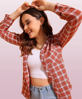 kristyne Women Checkered Casual Orange Shirt