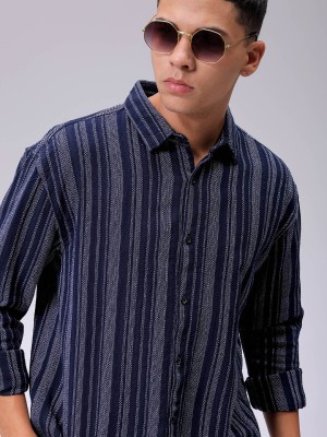 The Indian Garage Co. Men Striped Casual Dark Blue Shirt