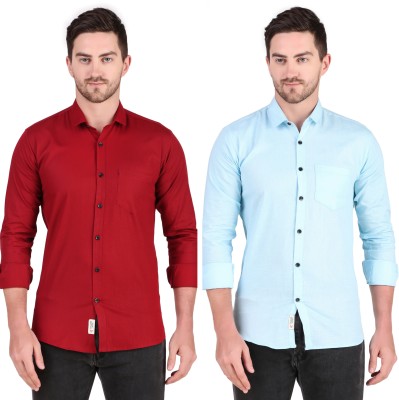 Aadhar Men Solid Casual Red, Light Blue Shirt(Pack of 2)