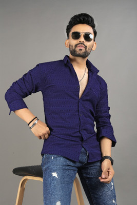 Growwax Men Self Design Casual Dark Blue Shirt