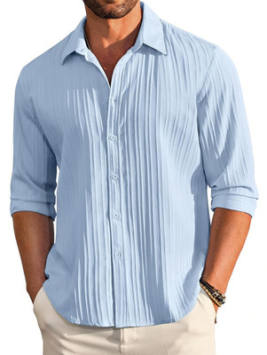 DEEMOON Men Striped Casual Light Blue Shirt