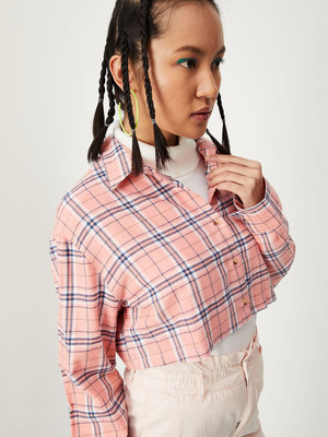 MAX Women Checkered Casual Pink Shirt