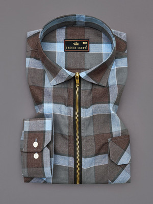 french crown Men Checkered Casual Brown Shirt