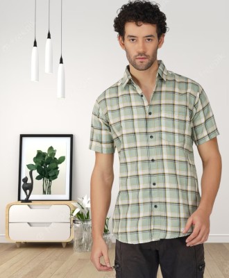 BASE 41 Men Checkered Casual Light Green Shirt