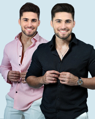 Marmic Fab Men Solid Casual Black, Pink Shirt(Pack of 2)