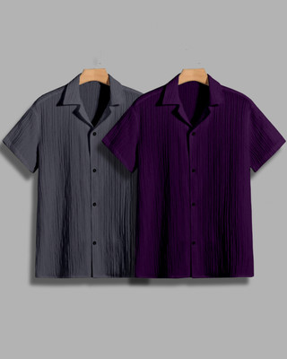House of Vinay Men Self Design, Solid Casual Grey, Purple Shirt(Pack of 2)
