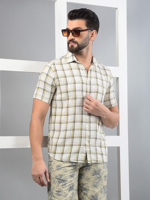CRIMSOUNE CLUB Men Checkered Casual Beige Shirt