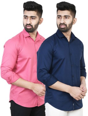BLUE MARTIN Men Solid Casual Blue, Pink Shirt(Pack of 2)