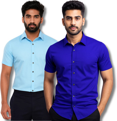 RAREMARK Men Self Design Formal Blue Shirt(Pack of 2)