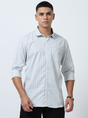 HETIERS Men Checkered Casual Light Green Shirt