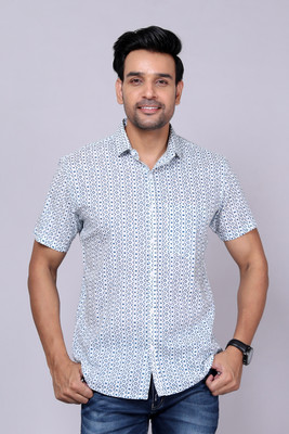 Gs Fashions Men Printed Casual White, Light Blue Shirt