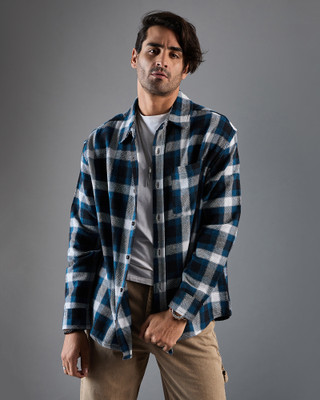 Chimpaaanzee Men Checkered Casual Blue, Dark Blue, White Shirt