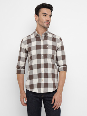 Allen Cooper Men Checkered Casual Brown Shirt