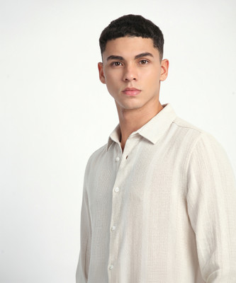 THE BEAR HOUSE Men Striped Casual Cream Shirt