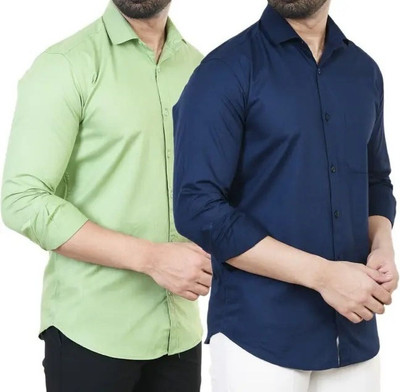 Hansroop Men Solid Casual Light Green, Dark Blue Shirt(Pack of 2)