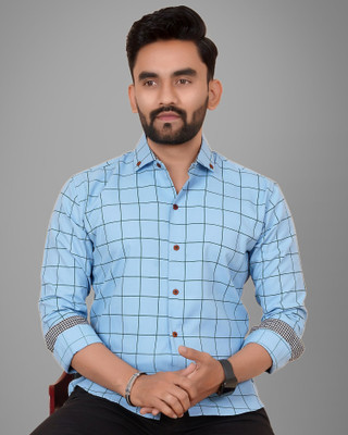 Voroxy Men Checkered Casual Blue Shirt