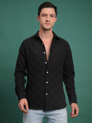 Voroxy Men Self Design Casual Black Shirt
