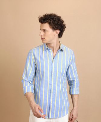 HIGHLANDER Men Striped Casual Light Blue Shirt