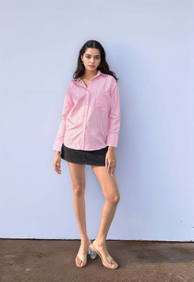 OUTZIDR Women Striped Casual Pink Shirt