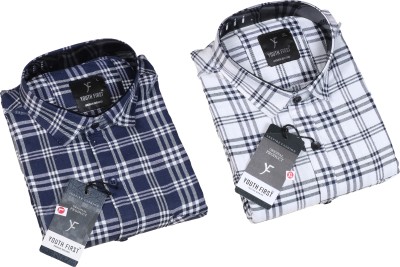 BLUE MARTIN Men Checkered Casual Dark Blue, White Shirt(Pack of 2)