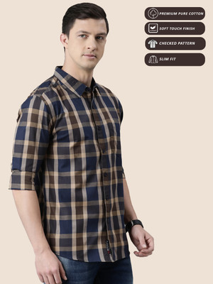 METRONAUT Men Checkered Casual Dark Blue, Brown Shirt