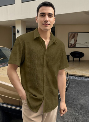 Leriya Fashion Men Self Design Casual Dark Green Shirt