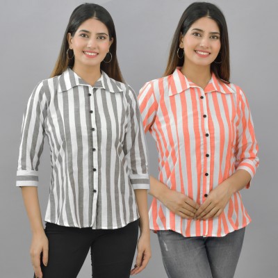 QuaClo Women Striped Casual Grey, Orange Shirt(Pack of 2)