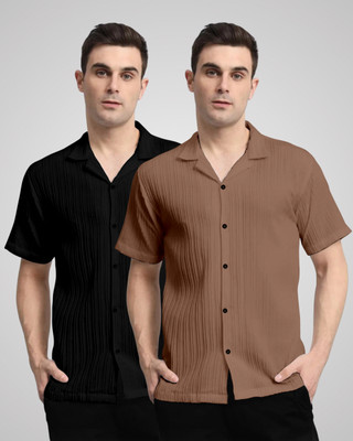VK Couture Men Self Design Casual Black, Brown Shirt(Pack of 2)