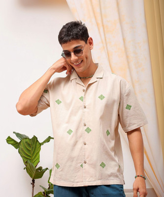 The Indian Garage Co. Men Embroidered Beach Wear Beige Shirt
