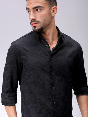 The Indian Garage Co. Men Self Design Beach Wear Black Shirt
