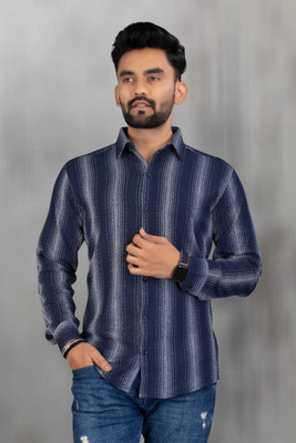 DUCCKCREATION Men Striped Formal Blue Shirt