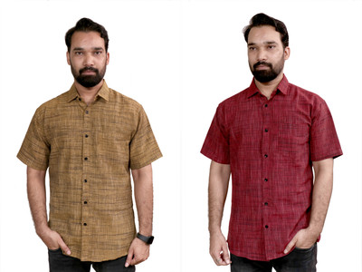 Men Self Design Casual Maroon, Yellow Shirt