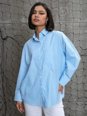 SASSAFRAS Women Printed Casual Blue Shirt
