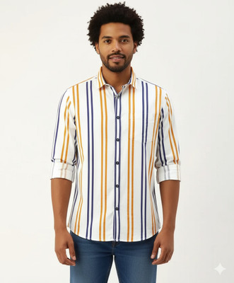 Oceansky Exports Men Striped Casual Cream Shirt