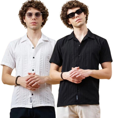 METRONAUT Men Self Design Casual Black, White Shirt(Pack of 2)