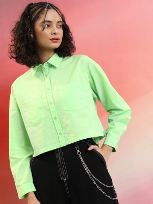 Tokyo Talkies Women Solid Casual Light Green Shirt