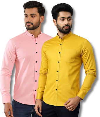 VIMASUTI Men Solid Casual Pink, Yellow Shirt(Pack of 2)