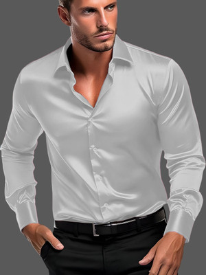 Nat Jastica Men Solid Party Silver Shirt