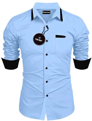 Plum Crazy Men Solid Casual Light Blue Shirt