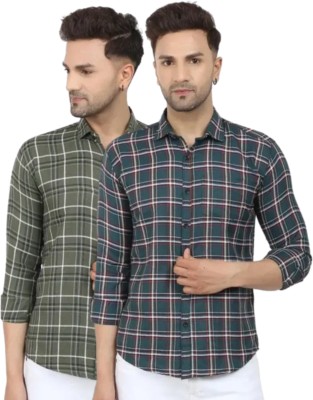 eagle man Men Checkered Casual Dark Green Shirt(Pack of 2)