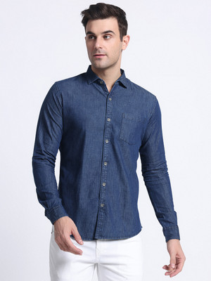 PLOUNGE Men Solid Casual Blue Shirt