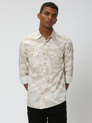 MUFTI Men Printed Casual White, Beige Shirt