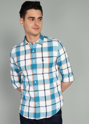 U.S. POLO ASSN. Men Checkered Casual White, Blue Shirt