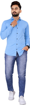 PEARL OCEAN Men Solid Casual Light Blue Shirt