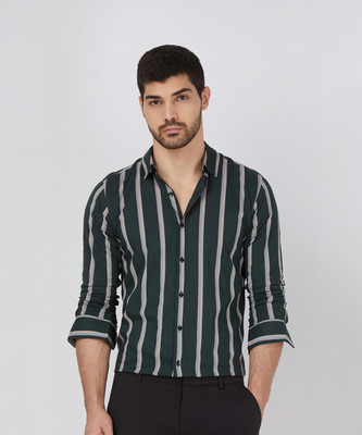 MUFTI Men Striped Casual Dark Green Shirt