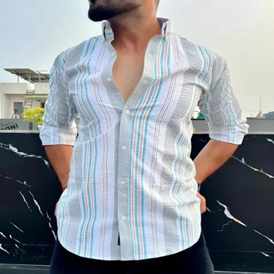 Solnix Fashion Men Printed Casual White Shirt