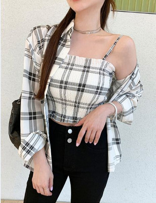 BEAUTYCREATION Women Checkered Casual White Shirt