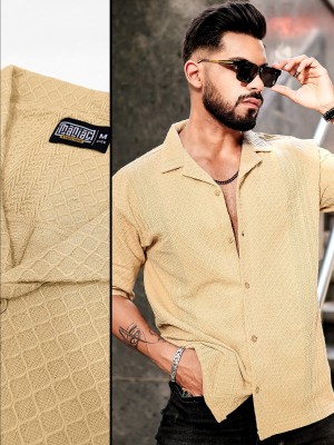 MANIAC Men Self Design Casual Beige Shirt