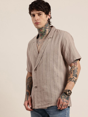 HERE&NOW Men Striped Casual Brown Shirt