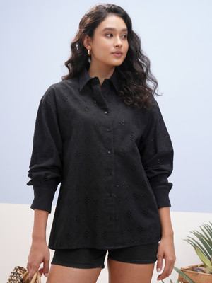 Vishudh Women Self Design Casual Black Shirt